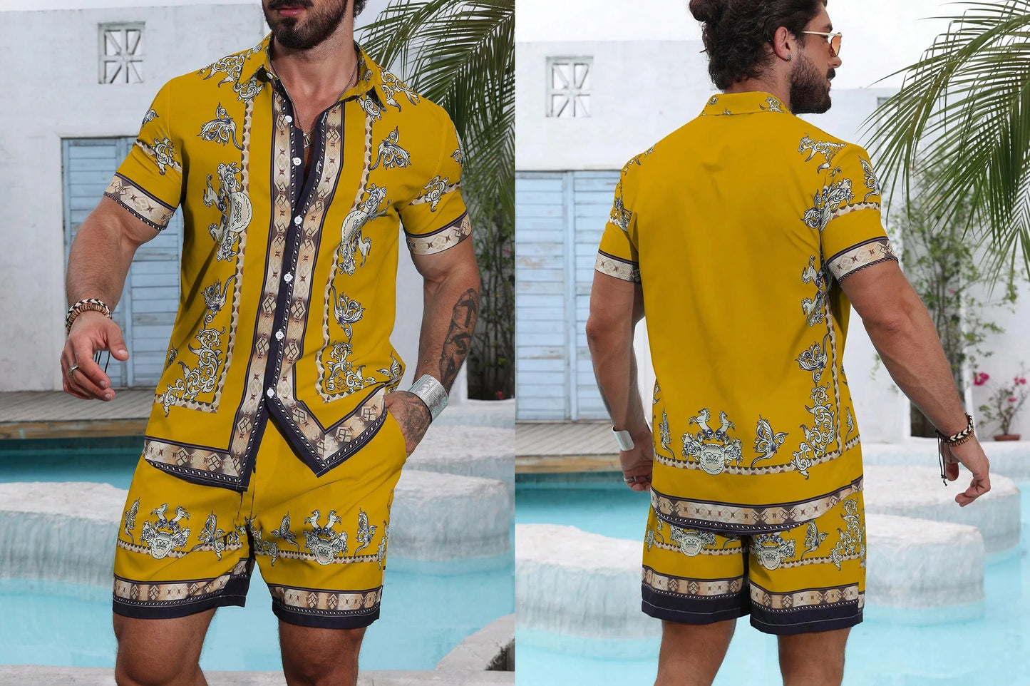 Baroque Luxury Printed Men's Shirt Shorts 2 Piece Set Summer Casual Shirt Hawaiian Beach Short-sleeved Men's Suits Clothing