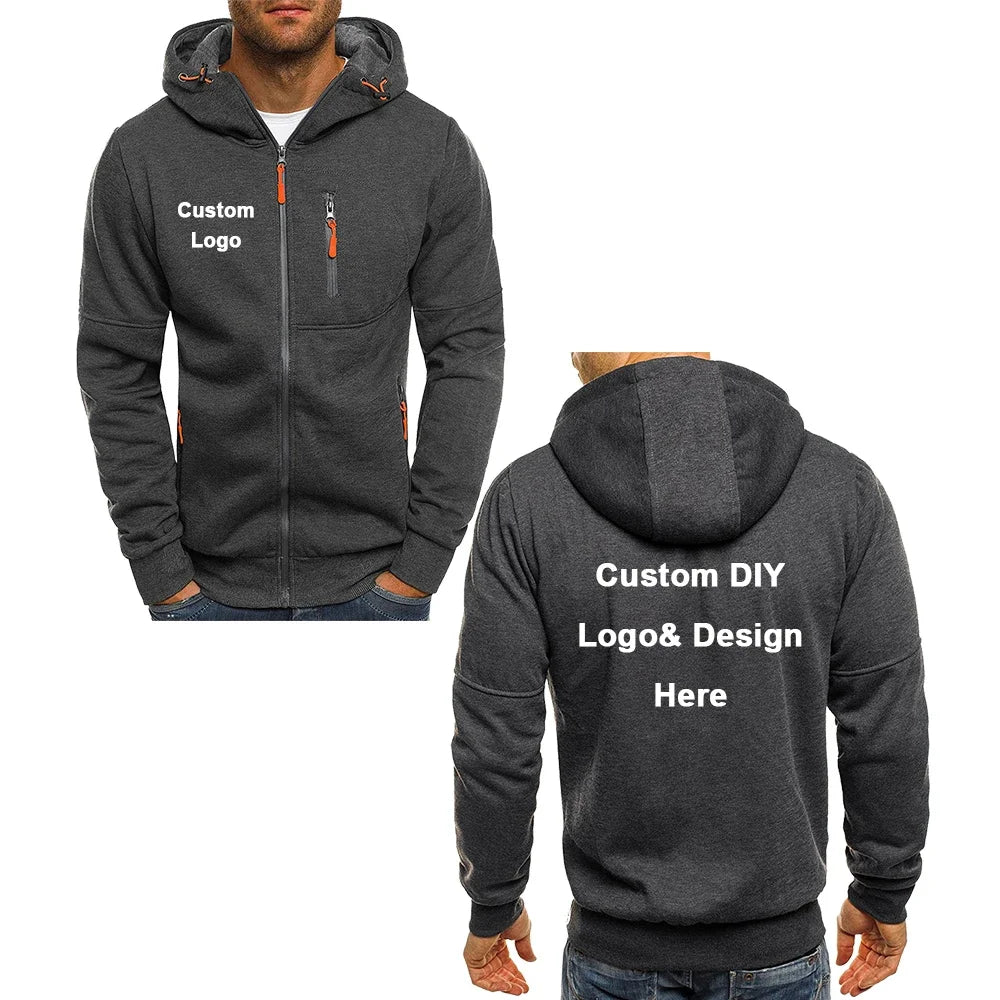 Men's hooded zipper jacket with pockets, custom logo image text, casual sports streetwear, men's cardigan wool sweater, fashion.