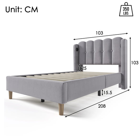 Merax Polsterbett Einzelbett USB Typ C Ladefunktion Lattenrost Grau 90x200 Jugendbett Leinen Schlafzimmer