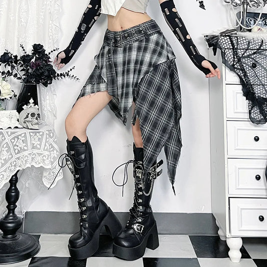 Goth Dark Punk Grunge Irregular Hem Short Skirts Women Streetwear Mall Gothic Plaid Pleated Mini Skirt Y2K Fashion Alt Bottoms.