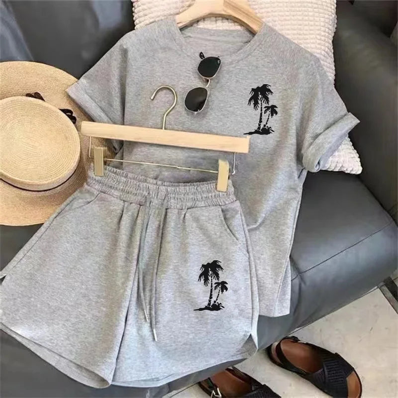 Women Tracksuit C Letter Print Short Sleeve T-shirt Drawstring Shorts Sport Suit Lady Exercise T-shirt Shorts Two-piece Suit.