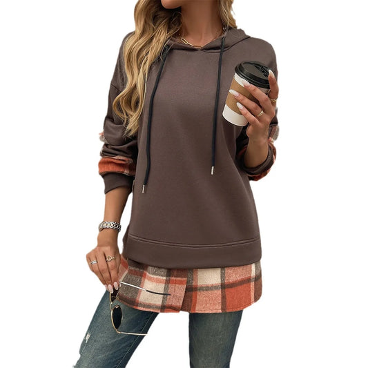 Women's Hoodie For Autumn And Winter 2025; Color-blocked Casual Pseudo Two-piece Raglan Long-sleeved Sweat For Women.