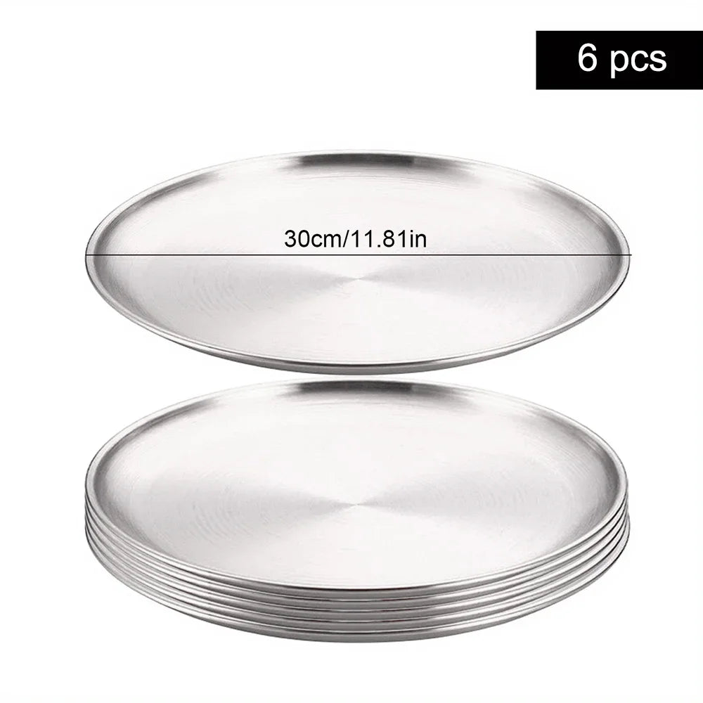 6Pcs High Quality Stainless Steel Bone Spitting Dish Silver Colors Shallow Tray Metal Dining Disc Fruit Meat Round Plate.