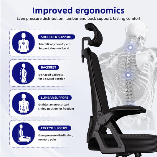 Bürostuhl, ergonomisch, verstellbar, 90er ° -135 ° ,Schreibtischstuhl mit Lordosenstütze, Computerstuhl mit verstellbarer Kopfstütze, Wohnzimmerstühle