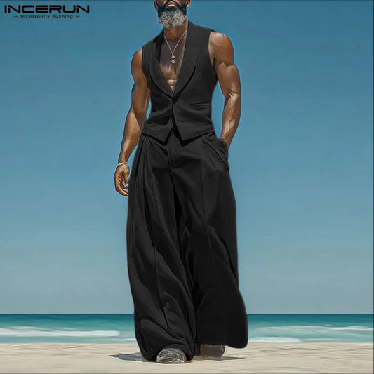 INCERUN Summer Men's Sets Solid Color Sleeveless Tops Tee Buttons Summer Long Pants Male Two-piece Suits Streetwear 2PCS S-5XL.