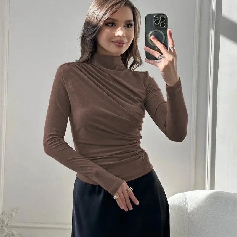 Sexy Long Sleeve T-Shirt Women's Stand Collar Slimming Base Layer Top Wholesale European and American Foreign Trade Women's Clot.