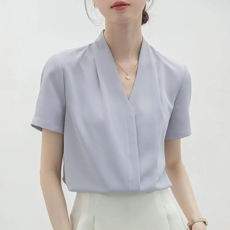 2025 Fashion Summer Short Sleeve V-Neck Women Blouse White Blouse Shirt Women Tops Blouses Shirts Blusas Para Mujer Camisas XL86