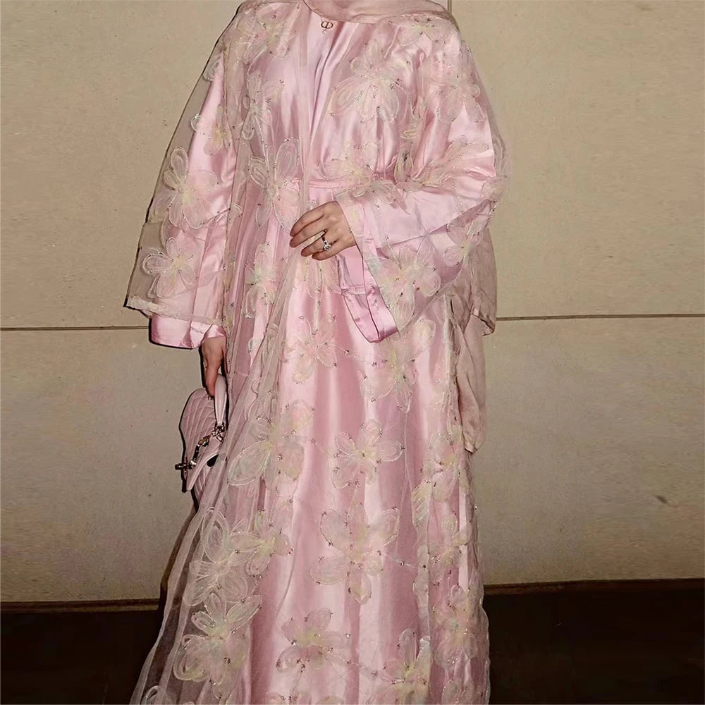 Eid Pink Embroidery Abayas for Women Muslim Dress Dubai Open Abaya Turkey Kaftan Kebaya Kimono Cardigan Islam Clothing Jalabiya.