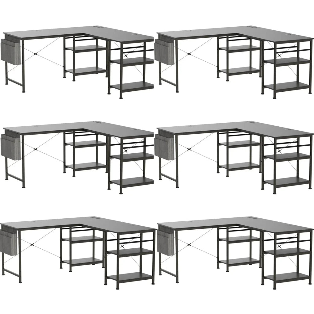 L-förmiger Schreibtisch Computertisch mit Regal, großer Arbeitsplatz, Home Office Gaming Tisch, höhenverstellbar, Schwarz