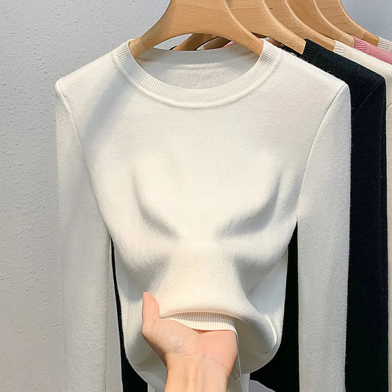 Rosa Pullover Frauen Winter Dicke Warme Stricken Pullover Schlank Plüsch Samt Gefüttert Strickwaren Jumper Langarm Tops Oansatz Poleras Mujer