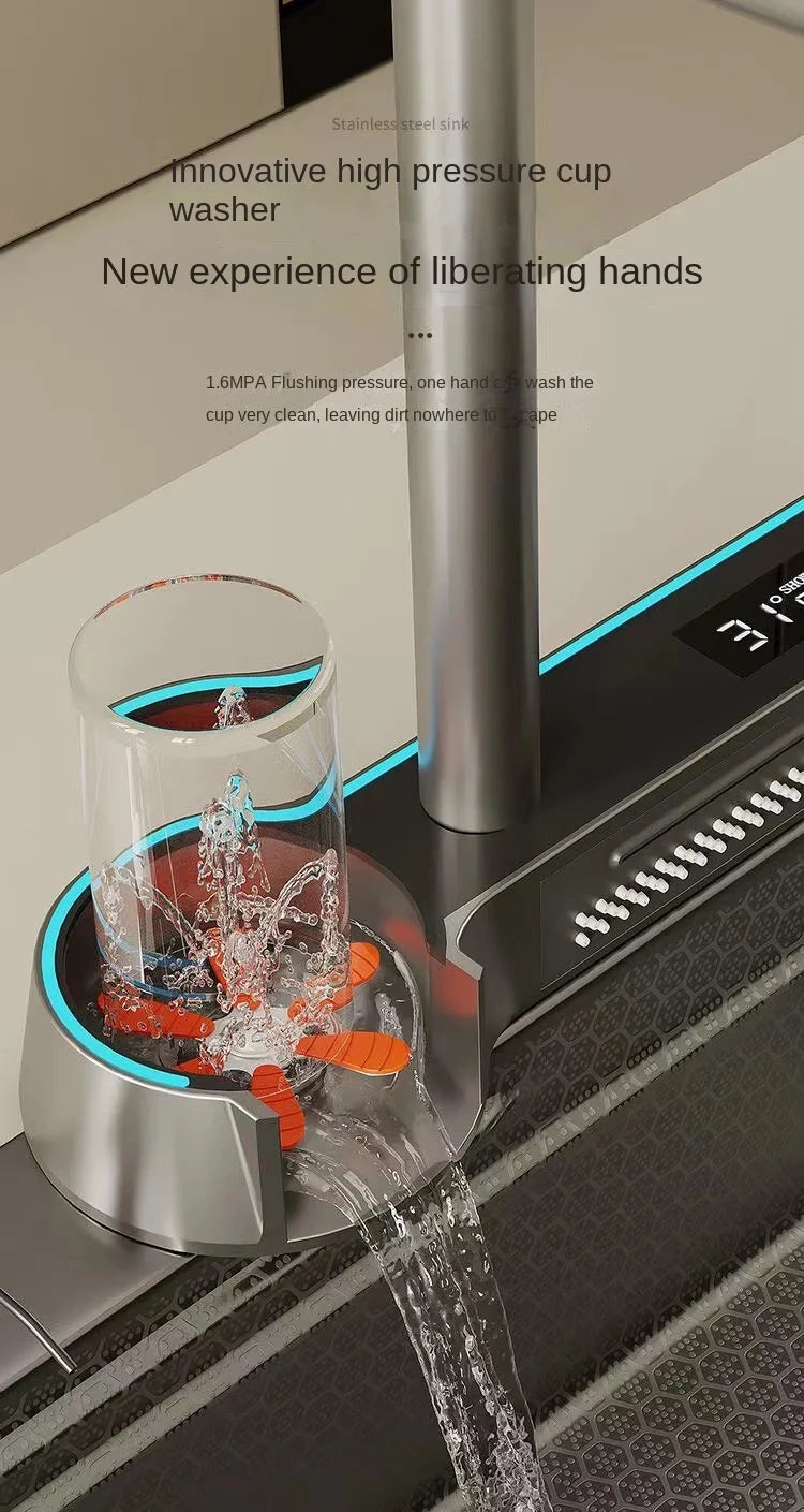 Digitalanzeige, Wasserfall, Einzelschlitz, Nano-Spüle aus Edelstahl 304, Geschirrspülen, Küche, multifunktionales Gemüsewaschbecken