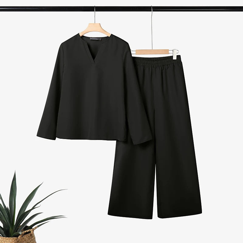 2025 ZANZEA Stylish Autumn 2 Piece Sets Women Outfit Casual V Neck Long Sleeve Tops Pant Set Solid Loose Work Tracksuit Oversize