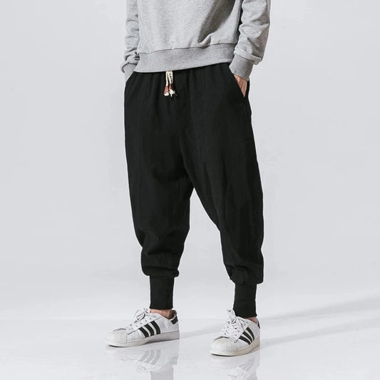 Cotton Linen Harem Pants Men Solid Elastic Waist Streetwear Joggers New Baggy Drop-crotch Pants Casual Trousers Men.