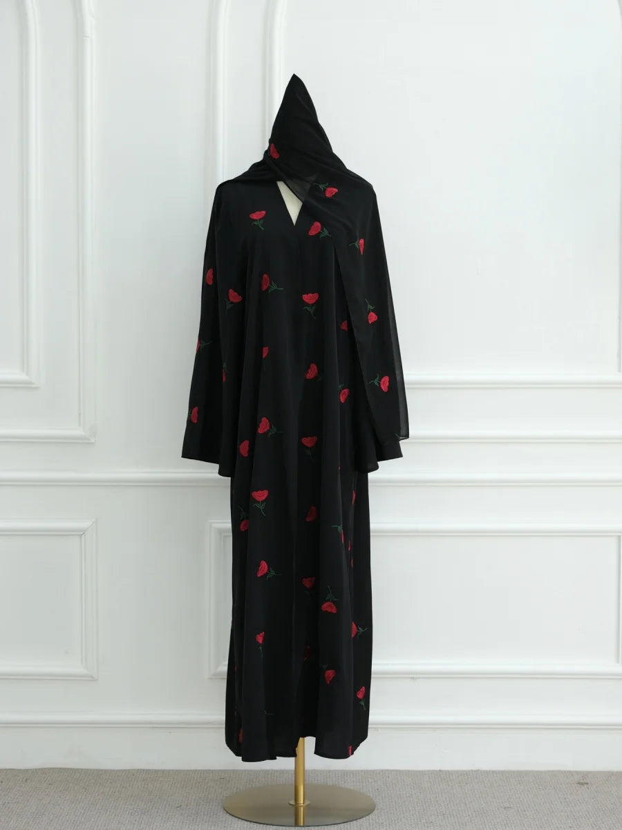 Women Middle East Arabic Dubai Abaya Luxury Rose embroidery Kimono Cardigan Long Dress Modest Robe Femme Islam Clothing Kebaya.