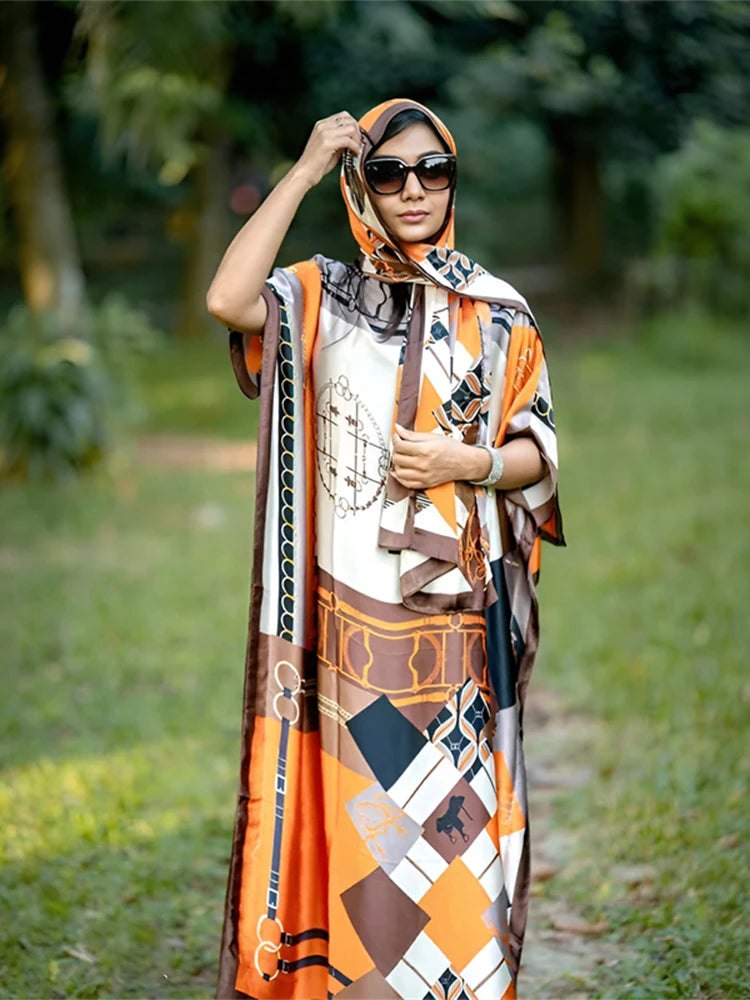 New Malaysian Muslim Print Dress Women Loose Arabic Long Maxi Dress Summer Sunscreen Cool Abaya Beach Hijab Dress Plus Size.