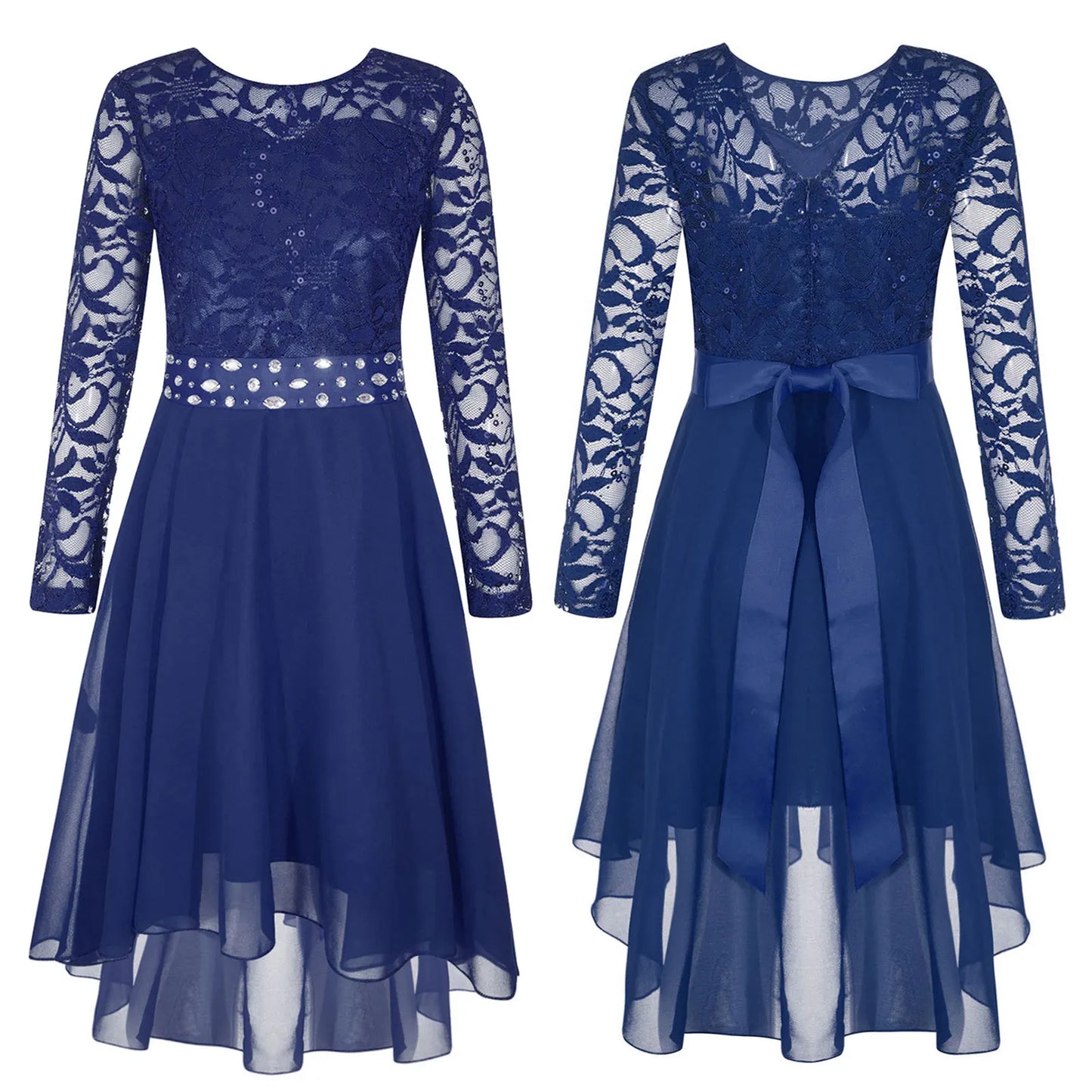 Elegantes Spitzen-Partykleid für Kinder, Mädchen, Chiffon, Spleißen, langärmelig, Kleid mit hohem und niedrigem Saum und Strass-Schärpe für Hochzeit, Geburtstag