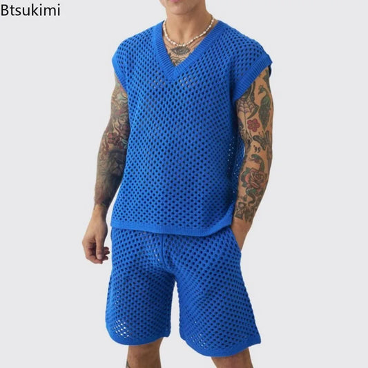New Men's Summer Casual Knit V Neck Two-piece Sets Fashion Solid Loose Tank Tops and Shorts Sport Suit Men Hollow Out Streetwear.