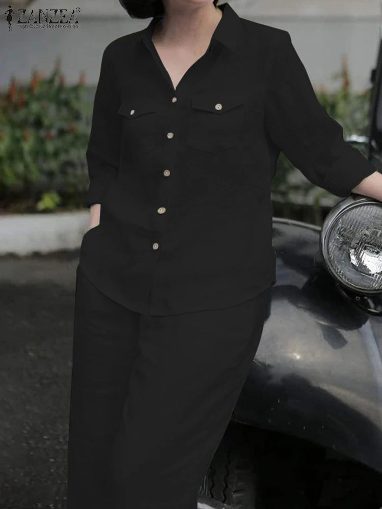 Elegant Autumn Women Matching Sets Long Sleeve Shirt Wide Leg Pants ZANZEA Casual Solid OL Work Suit Tracksuits Holiday Outfits