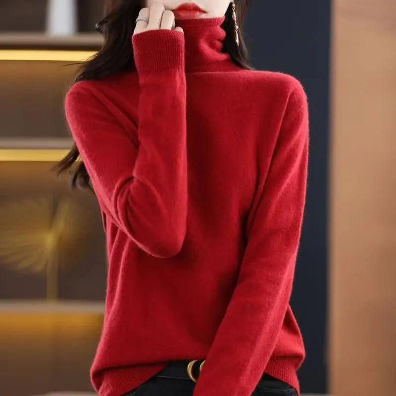 2025 100% Merino Wool Sweater Elegant Cashmere Pullover Women Pile Collar Long Sleeve Knitwear Basic Clothing Jumper Tops