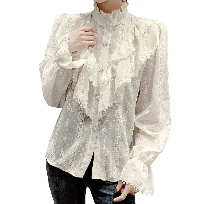 Long Sleeve Loose Spring Fashion Button White Shirt Elegant Stand Collar Pleated Tops Casual Ruffle Lace Blouse Blusas 15832.