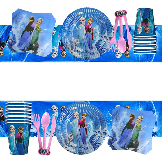 Gefrorene Geburtstagsdekoration Thema Anna Elsa Schneekönigin Prinzessin Tischdecke Luftballons Hintergrund Einweggeschirr Mädchen Kinder Party.
