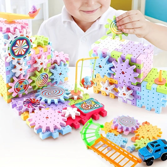 Kids Electric Gear Building Toy Set Motorized Spinning Gears Set Gear Rail Car Big Building Blocks STEM Construction Toy Set.