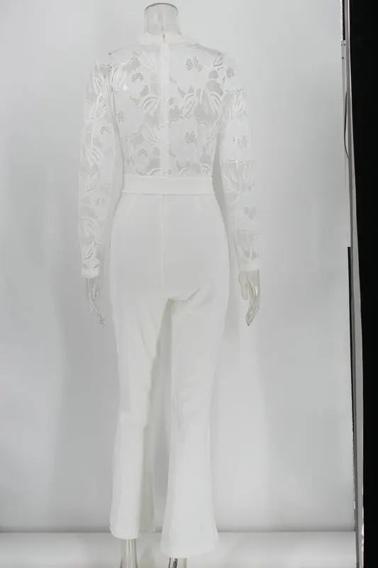 Women White Jumpsuit Lace Stitching Long Sleeve V-neck Large Size Wide Leg Pants Office Lady Jumpsuits for Woman Lugentolo.