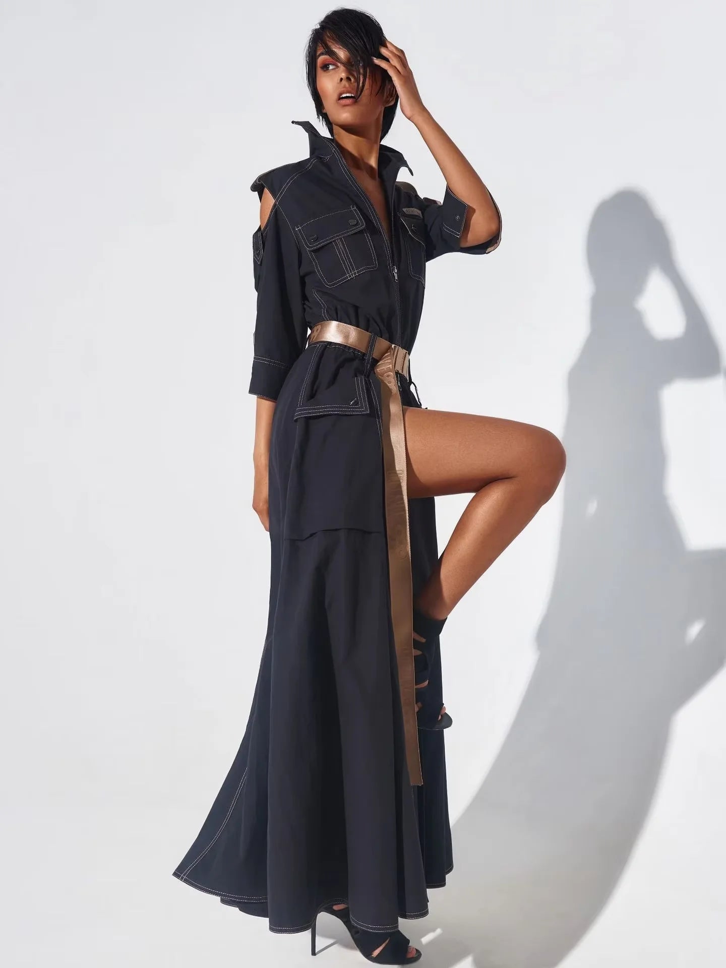 Sommerkleid für Damen 2025, Retro-Umlegekragen, kalte Schulter, halbe Ärmel, Reißverschluss, Gürteltaschen, geteilte Maxikleider mit hoher Taille.