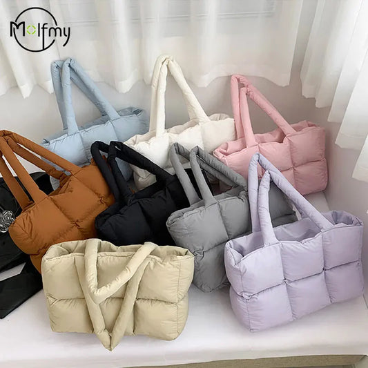 Women Tote Handbags Quilted Plaid Bag Retro Trendy Checkered Waterproof Shoulder Bag Solid Color Winter Soft Large Capacity Bags.