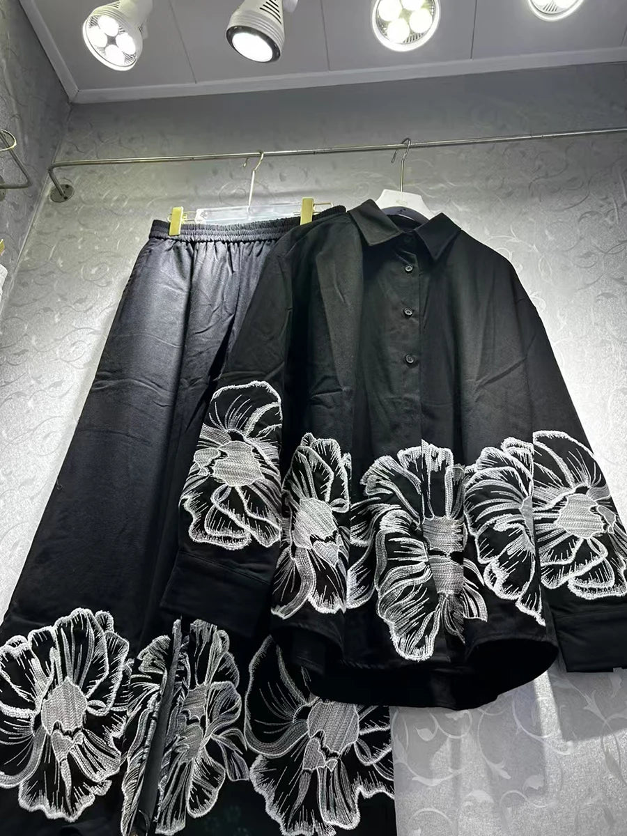 TWOTWINSTYLE Hit Color Loose Casual Two Piece Set For Women Lapel Long Sleeve Loose Top High Waist Temperament Pant Sets Female.