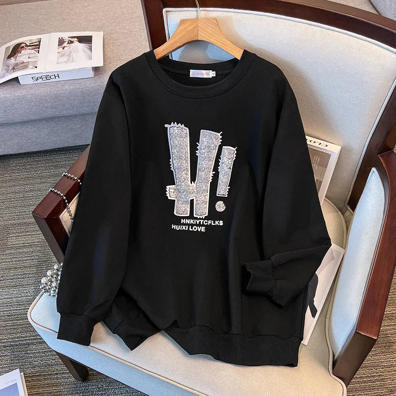 175kg plus size Damen büste Frühling Herbst loser Rundhals ausschnitt Langarm bedrucktes Sweatshirt schwarz lila 5xl 6xl 7xl 8xl 9xl
