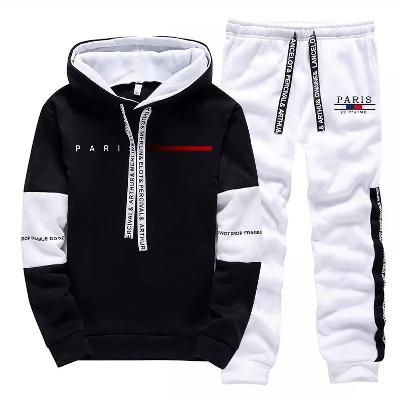 2025 Trendy Paris Print Hooded Tracksuit Men Winter Autumn Casual Jogging Outfit Athletic Sportswear Sweatpants Men's Clothes.