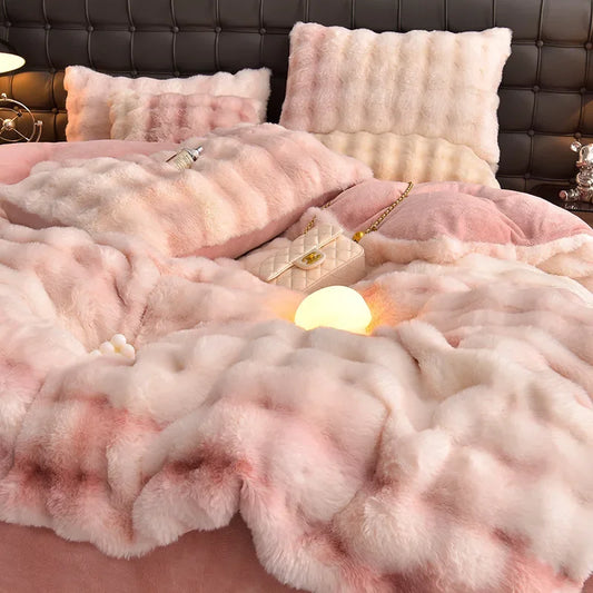 2024 new light luxury rabbit velvet four-piece set thickened warm milk velvet rabbit hair tie-dye bed sheet quilt cover.