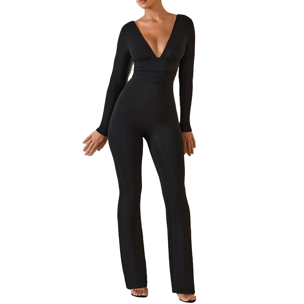 Schwarz Plissee Big Flare Overall Langarm V-ausschnitt Dünne Overall Hosen Frauen Sexy Schlanke Rückenfreie Langarm Hosen.