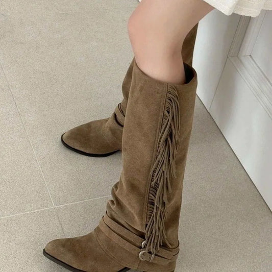 Suede Tall Boots Fall New Pointed Toe Belt Buckle Tassel Soft Sole Non-Slip Block Heel Boots.