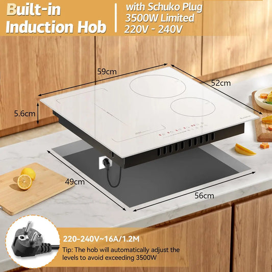 Karinear Induction Hob 4 Zones with Plug, 59CM, 3500W, White Ceramic Glass, Combination Zones, Sliding Controls, 9 Power Levels.