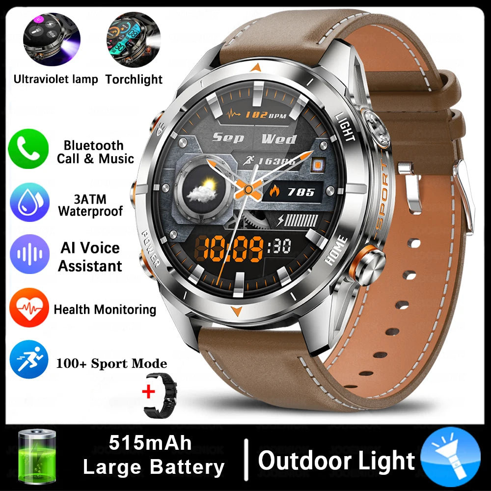 New Outdoor Sport Smart Watch Men 1.46" AMOLED Screen LED Flashlight 515mAh Battery 10ATM Waterproof Bluetooth Call Smartwatch