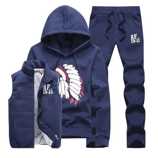 3 Pieces Set Hoodies+Vest+Pants Casual Men's Track Suit Clothing Coats Winter Thick Warm Tracksuit for Men Printed Mens Set Vest.