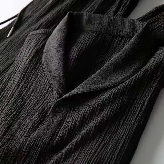 Summer Lightweight Pleated Cotton Casual Sports Set Men's Thin Comfortable Breathable Fashionable Collar Short Sleeve Two-Piece.