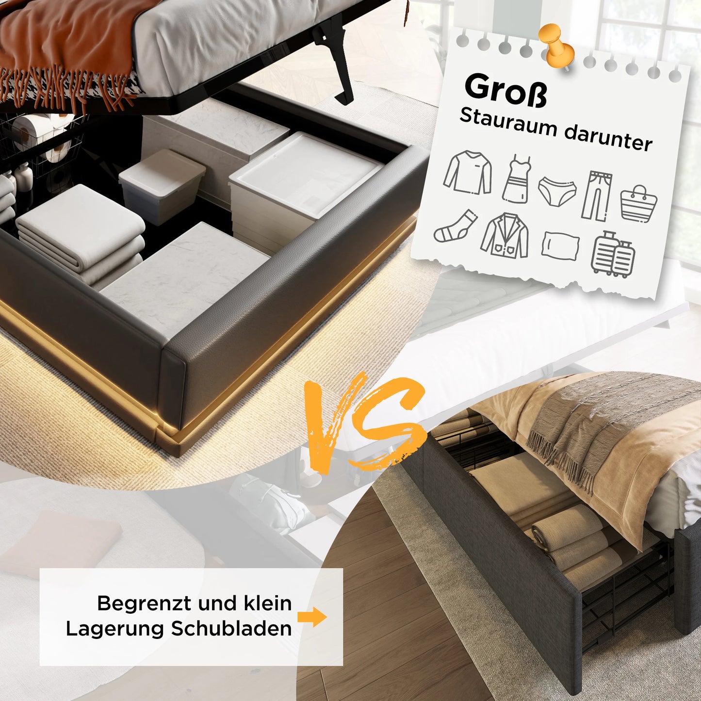 Merax Polsterbett 90x200 Einzelbett USB C Kopfteil 3seitige LED Hydraulik Stauraumbett Schwarz PU