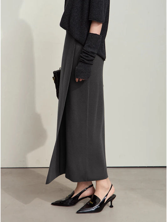 AMII Minimalist Elegant Basics Knitted Skirts for Women 2024 Winter New Elastic Waist Straight Lady Commuter Long Skirt 12443250.