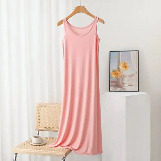 Plus Size Modal Langes Kleid Damen Frühling Sommer Lose A-Linie Bodenrock Home Nachtwäsche Ärmelloses Kleid in reiner Farbe.