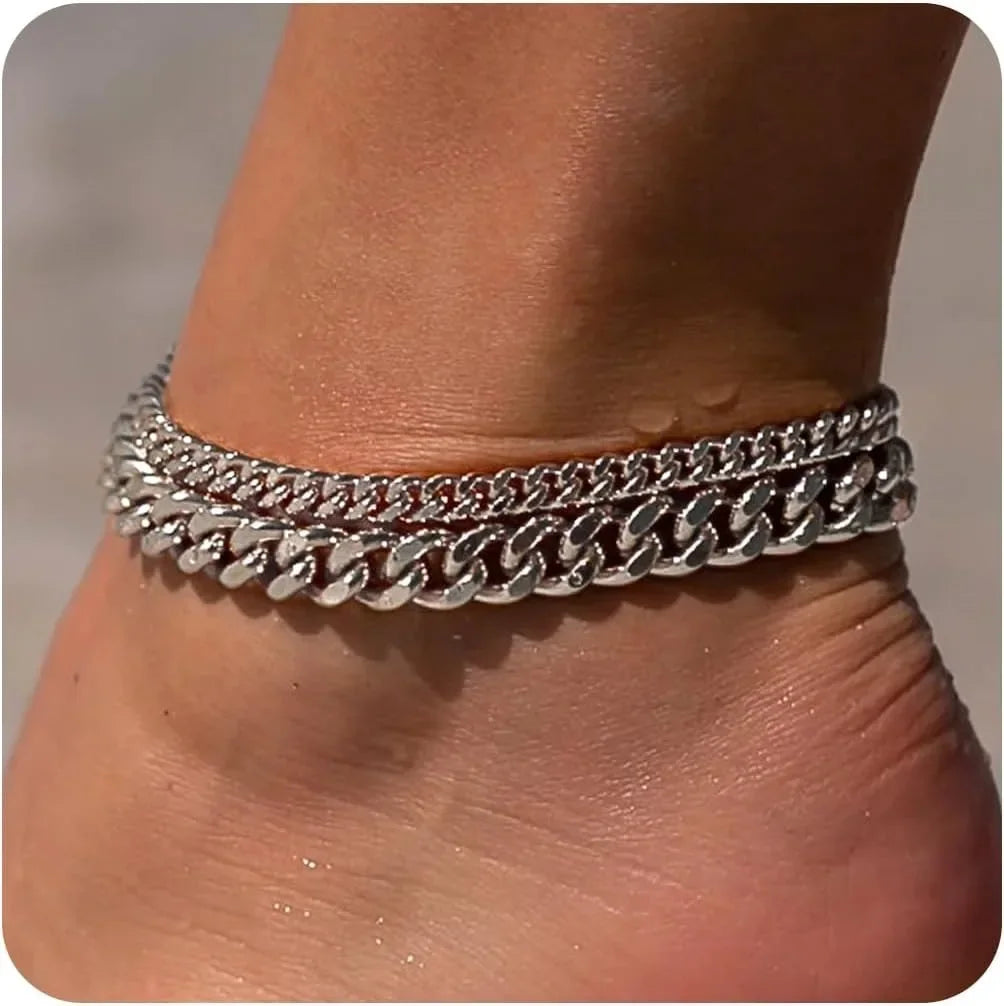 Gold Ankle Bracelets for Women K Gold Plated/Silver Anklets for Women Waterproof Minimalist Cuban Link Anklets Set Gift.