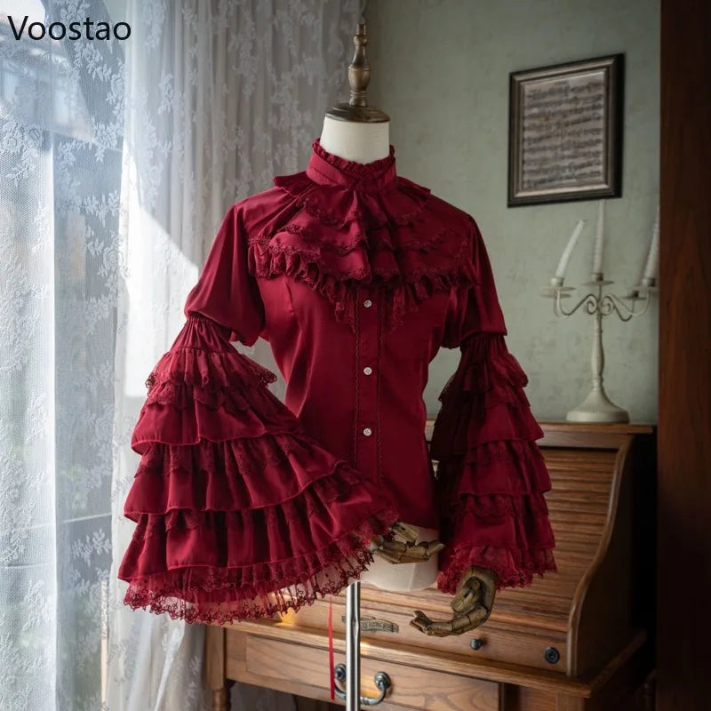 Victorian Elegant Lolita Style Shirts Japanese Women Vintage Gothic Lace Ruffles Flare Long Sleeve Blouses Sweet Y2k Slim Tops.