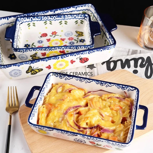 Rectangular/elliptical Double Ear Plate Cheese Baked Rice Tray Ceramic Baking Tray Oven Household Large Square Plate Tableware.