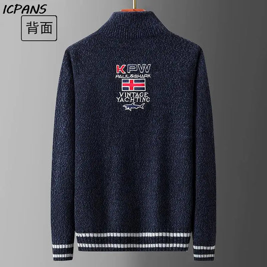 Autumn Sweater Male Shark Clothing Cotton Wool Jumpers Pullover Coats Jacquard Christmas Knitted Half Turtleneck zip.