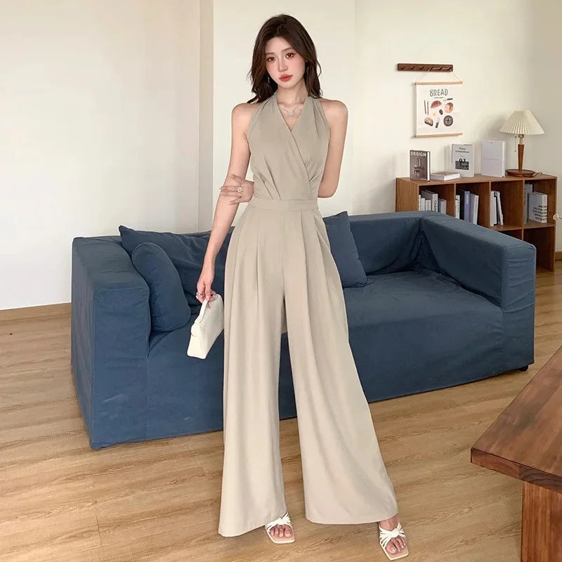French Vintage Polyester Halter One-Piece Pants Women's Summer Business Commute High Waist Slimming Versatile Suit Long Pants
