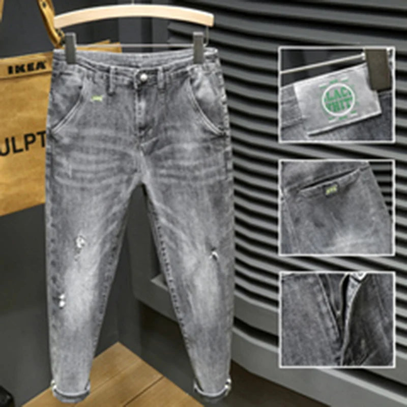 Y2k Men Fashion Stylish Brand Denim Pants High Quality Designer Slim Fit All-match Trousers Casual Stretch Pencil Cropped Jeans.