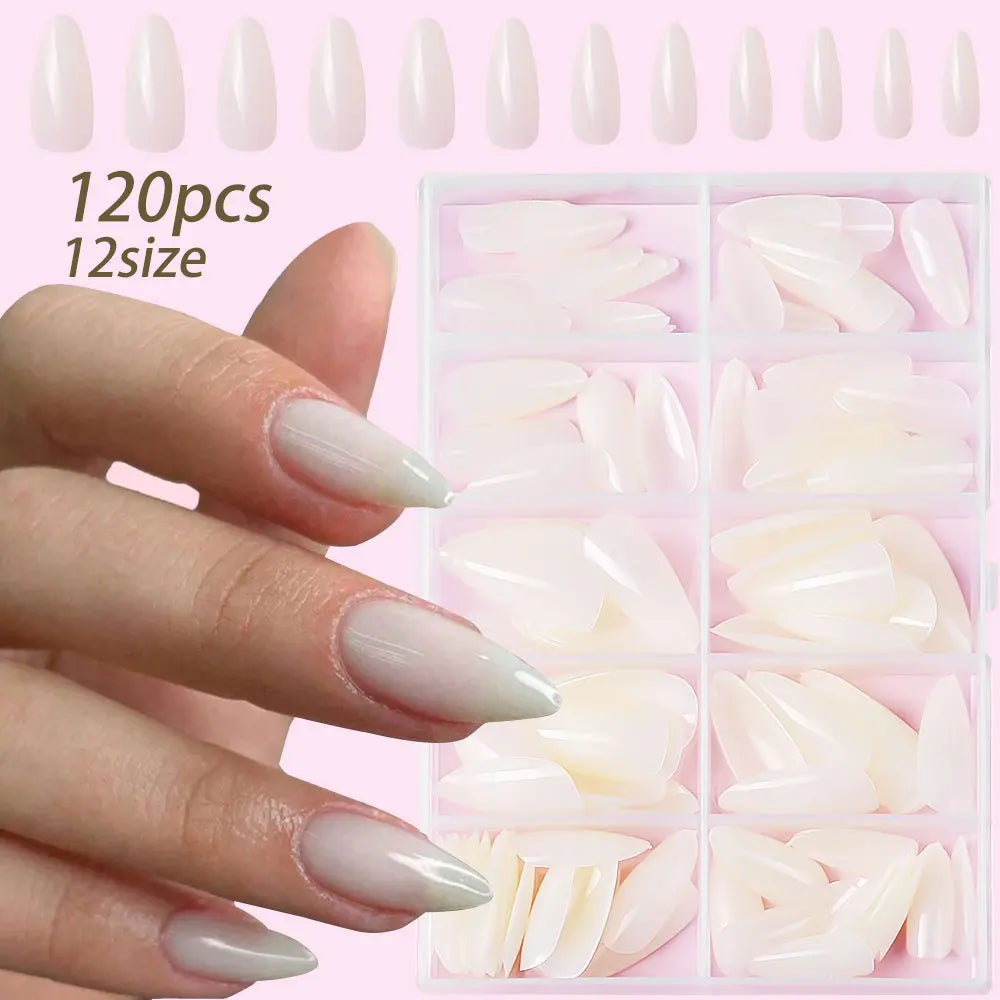 120pcs/box Red White Glossy Acrylic Medium Almond False Nails Solid Color Press-On Nails 12 Sizes Almond Artificial Fake Nails.