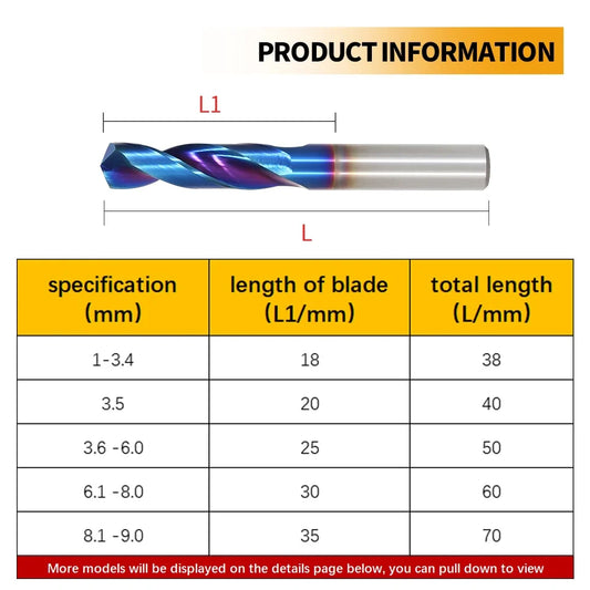 SIQICNC HRC65 ° Wolframkarbid-Bohrer, Metallbohrer für Hartmetallbearbeitung, CNC-Drehmaschine, Stahlbohrwerkzeug, 0,5–20,0 mm
